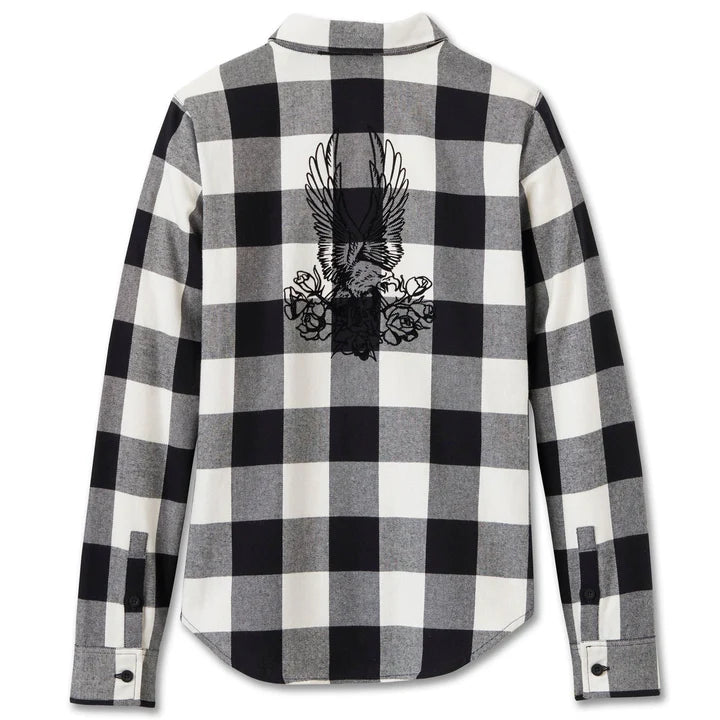 Harley-Davidson Women's Retro Long Sleeve Button-Up Flannel Shirt, White/Black