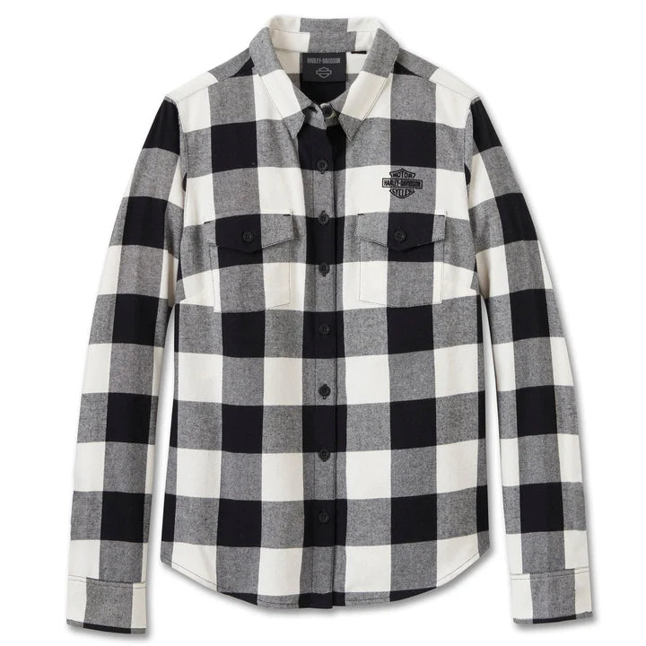 Harley-Davidson Women's Retro Long Sleeve Button-Up Flannel Shirt, White/Black